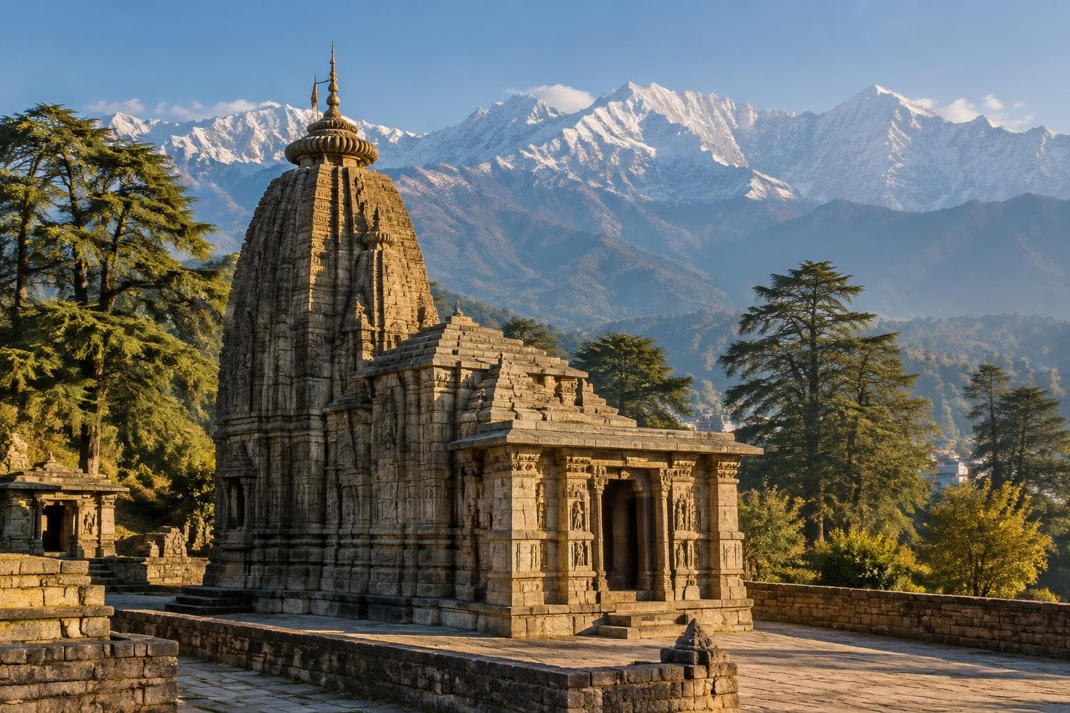 Ancient stone temple beneath the Dhauladhar mountains